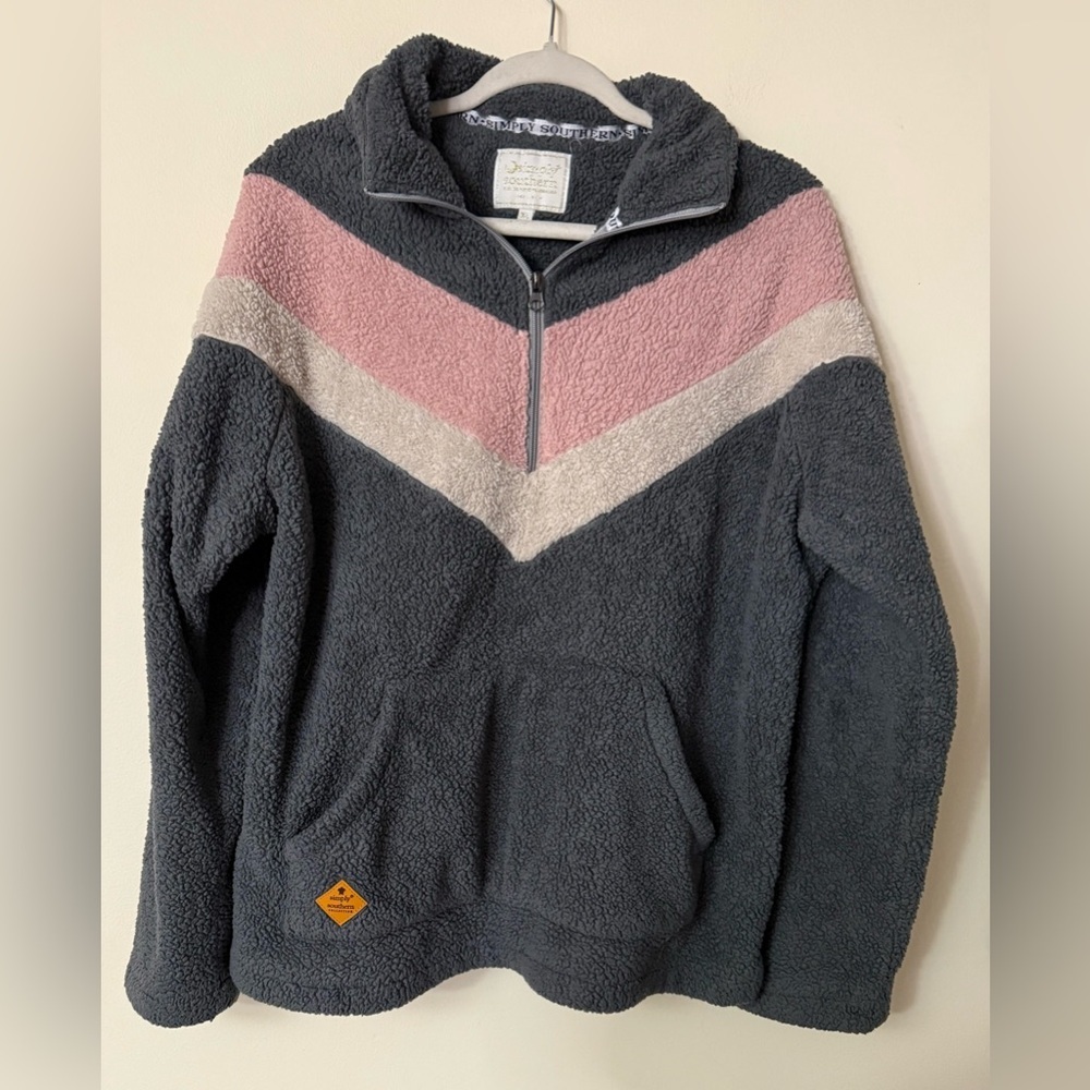 Simply Southern Chevron Stripe Sherpa Pullover, grey/pink/ivory size XL